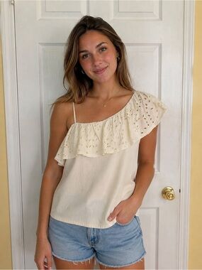 Old Navy Women’s Small Ivory Eyelet Ruffle One Shoulder Cotton Linen Blend Top